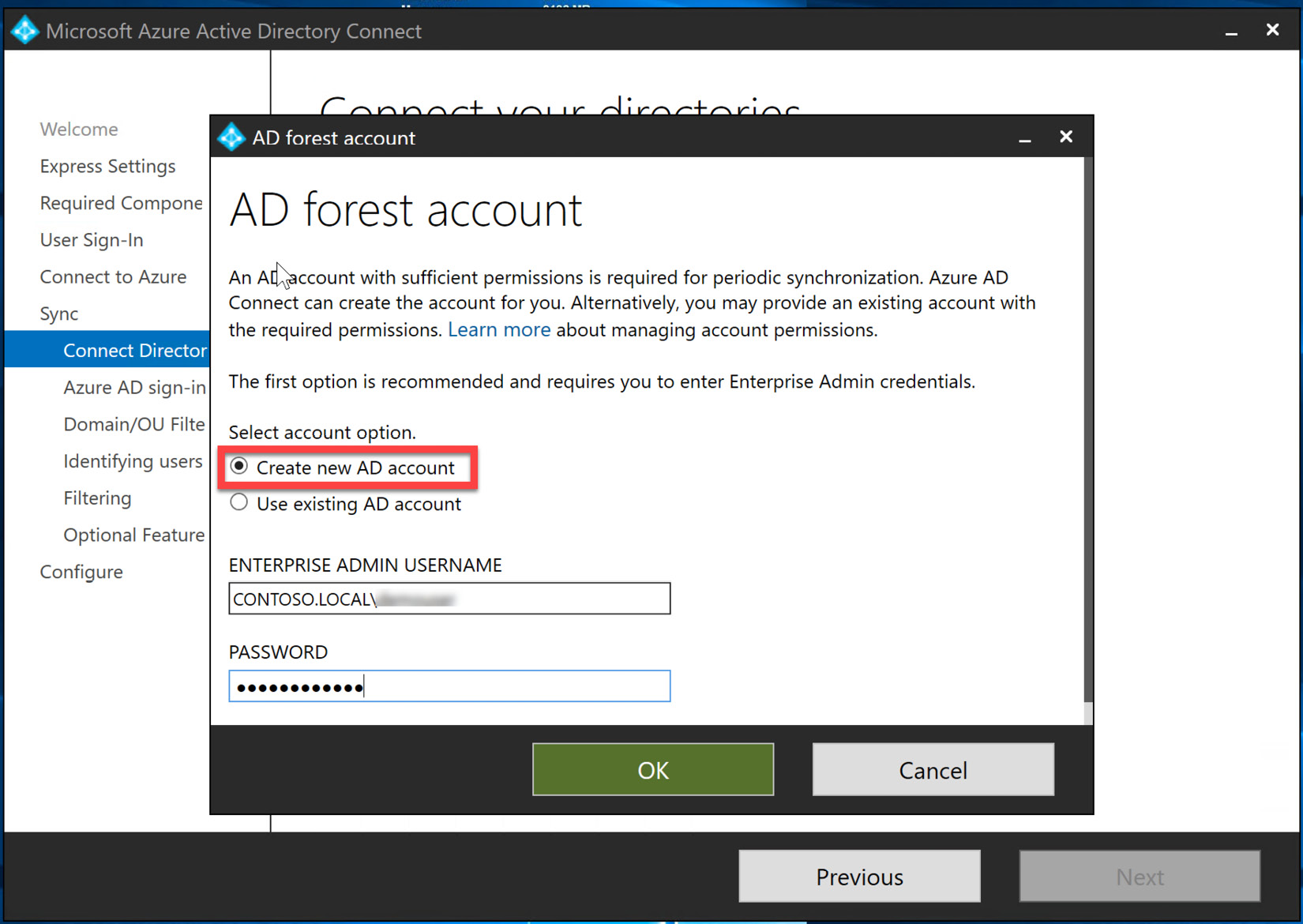 Figure 6.21 – Creating a new AD account for synchronization
