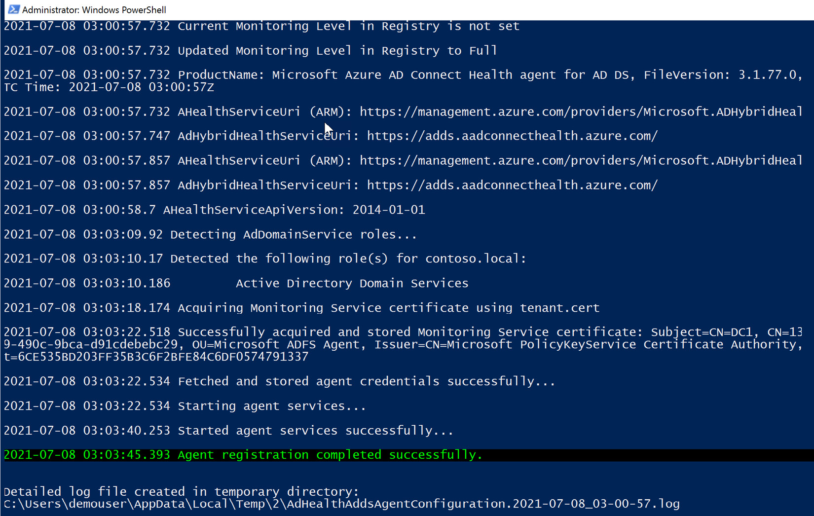 Figure 6.33 – Azure AD Connect Health Agent installation complete and registered
