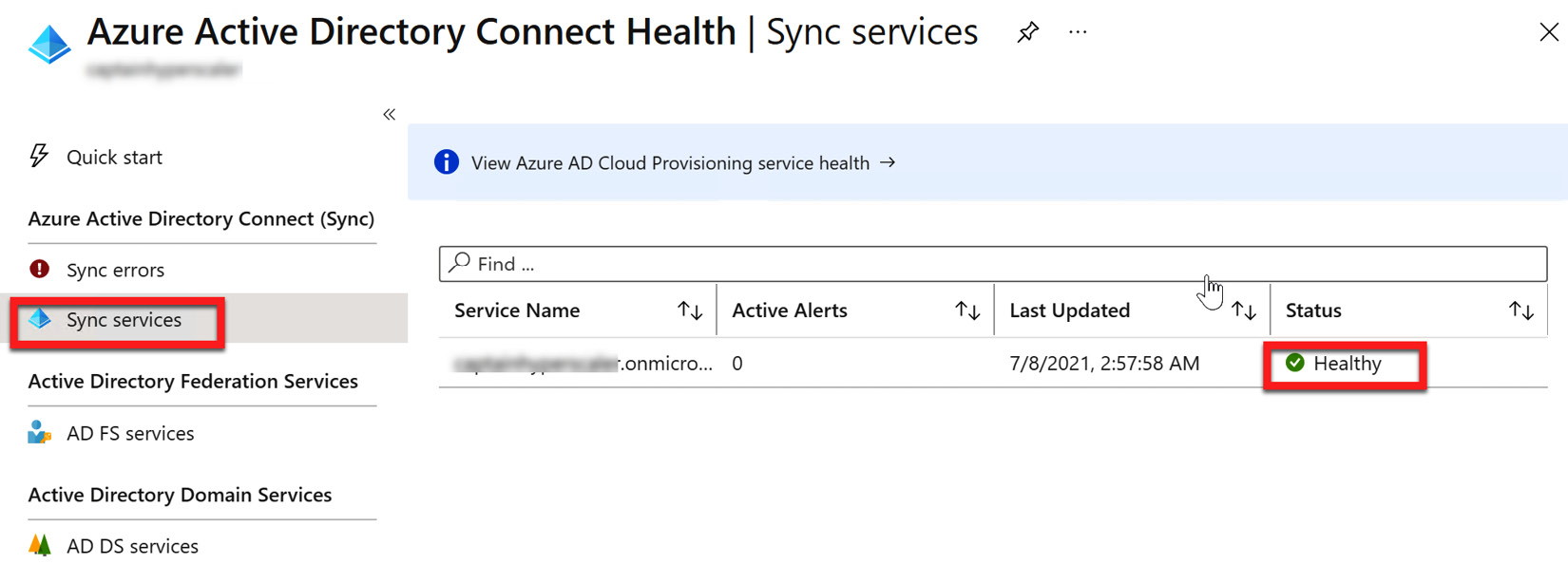 Figure 6.34 – Azure AD Connect Health Agent sync services' status
