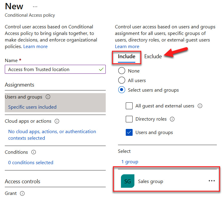 Figure 9.11 – Including the Sales group and understanding where to exclude groups
