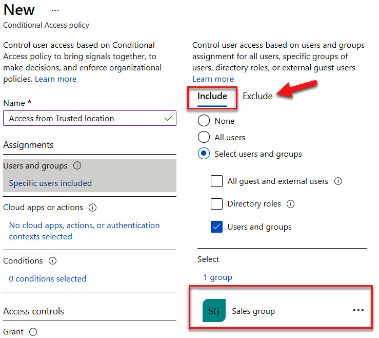 Figure 9.25 – Including the Sales group and understanding where to exclude users and groups
