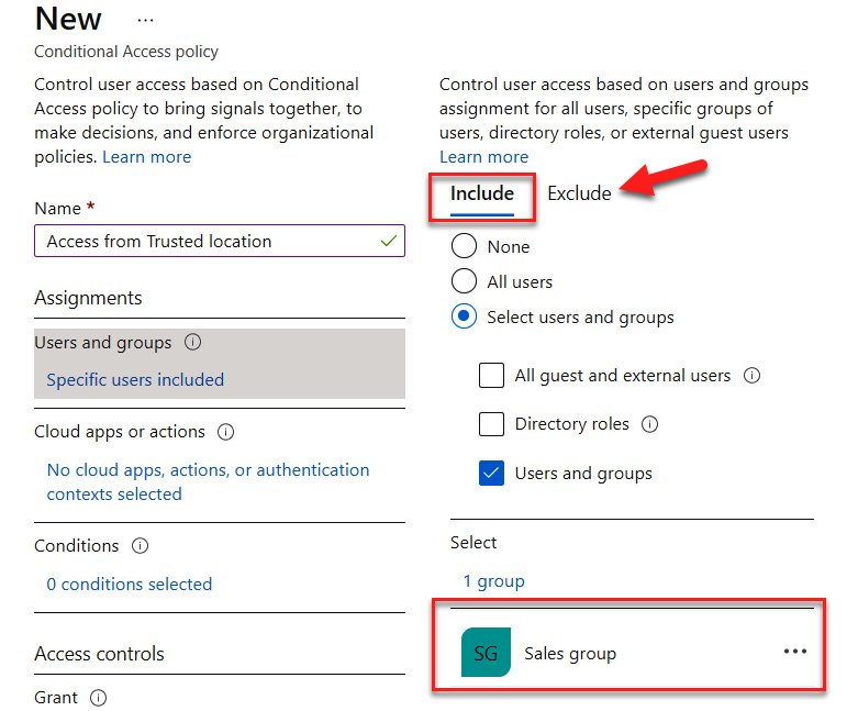 Figure 9.35 – Including the Sales group and understanding where to exclude users and groups

