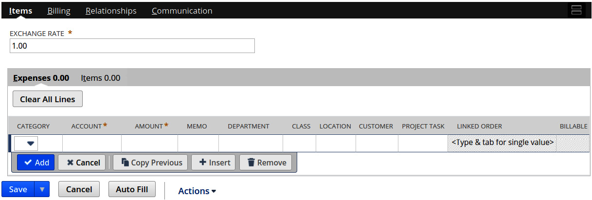 Figure 14.2 – The expenses and items lists enabled on a Purchase Order in NetSuite
