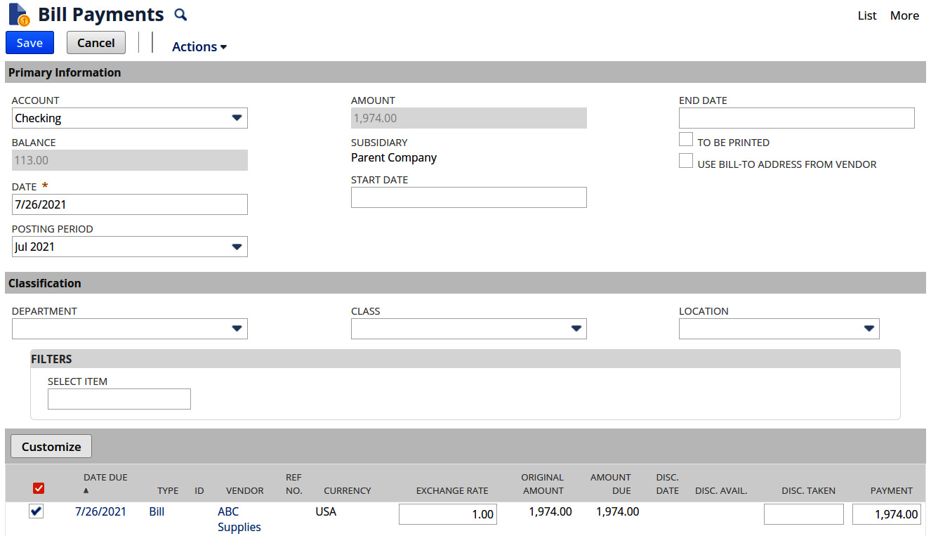 Figure 14.4 – The Bill Payments screen for applying payments to open Vendor Bills
