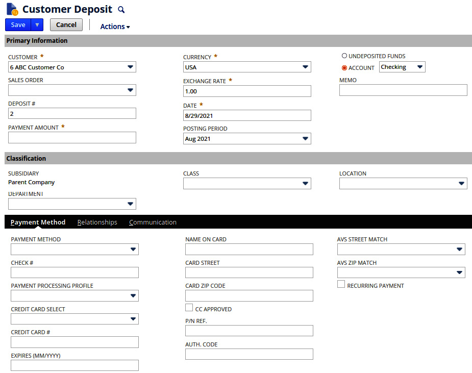 Figure 15.3 – A Customer Deposit with the default, native fields
