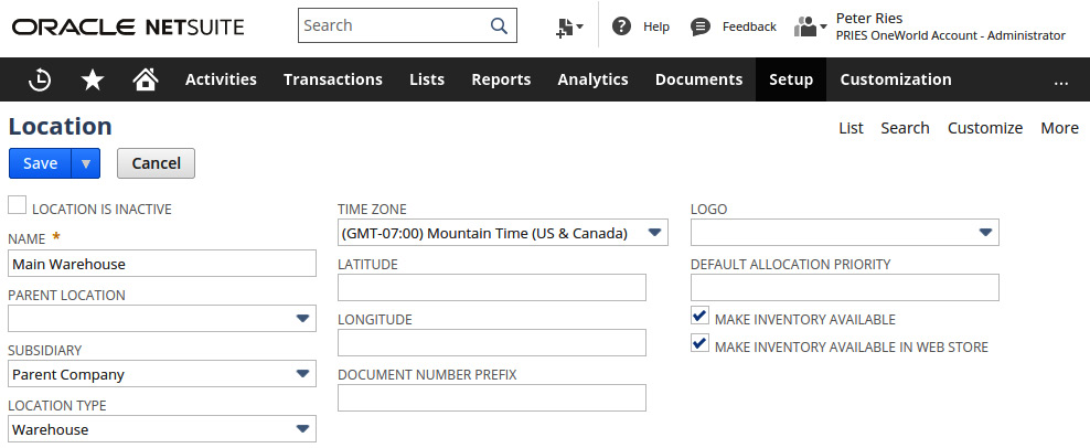 Figure 6.3 – The Location setup screen in NetSuite
