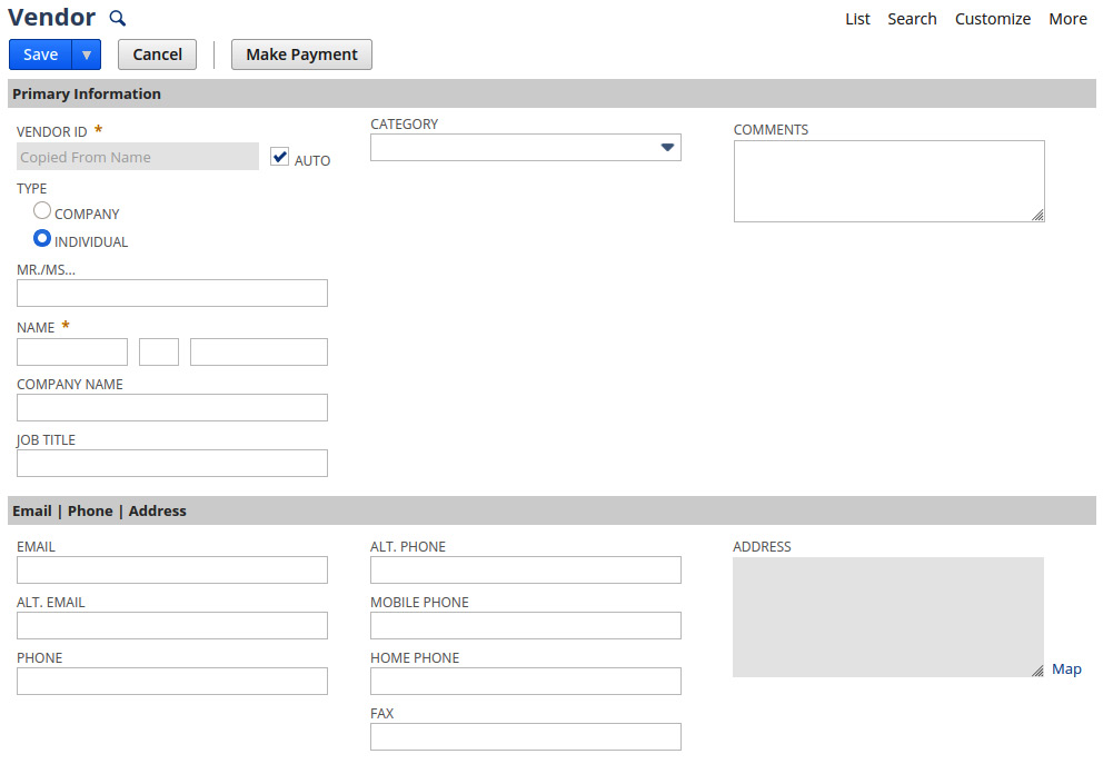 Figure 7.2 – The NetSuite screen for creating a new Vendor
