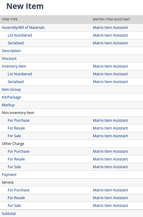 Figure 7.3 – The New Item type selection screen in NetSuite