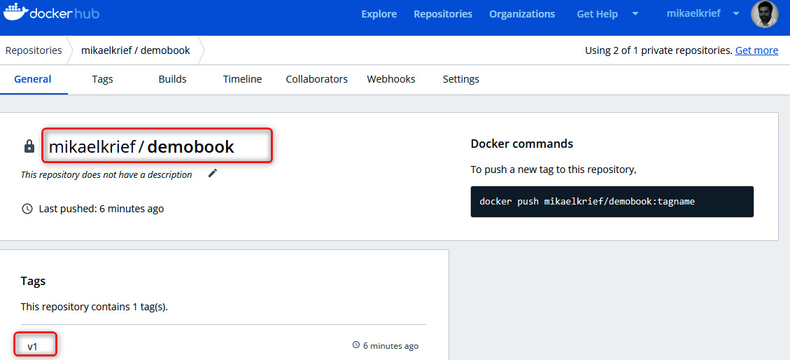 Figure 9.18 – The pushed image in Docker Hub with tag