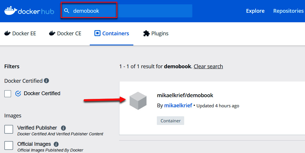 Figure 9.19 – Finding the image in Docker Hub