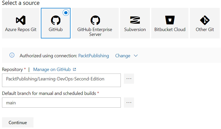 Figure 9.23 – Azure Pipelines with GitHub sources
