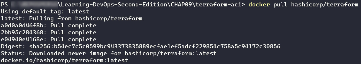 Figure 9.35 – docker pull command to pull Terraform image