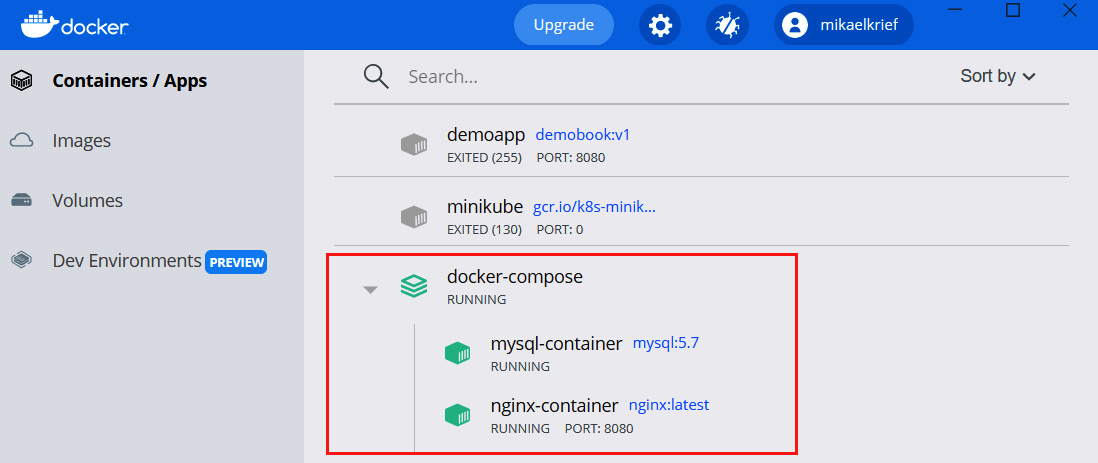 Figure 9.39 – Docker Desktop list of Docker Compose containers