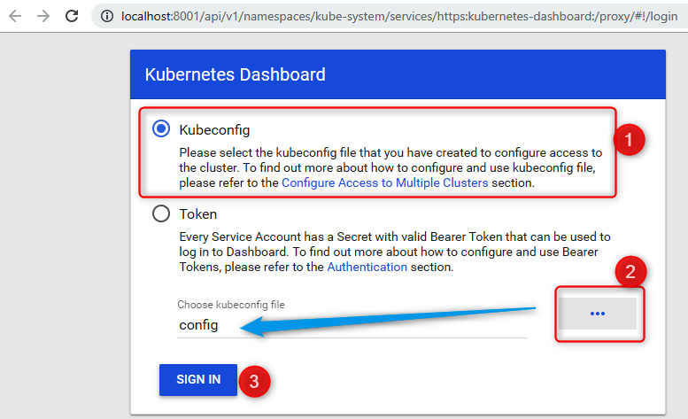 Figure 10.7 – Kubernetes dashboard authentication with the kubeconfig file