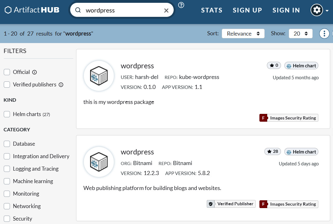 Figure 10.13 – Artifact Hub wordpress search