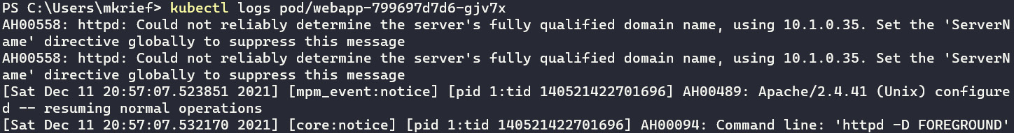 Figure 10.30 – kubectl getting pod logs
