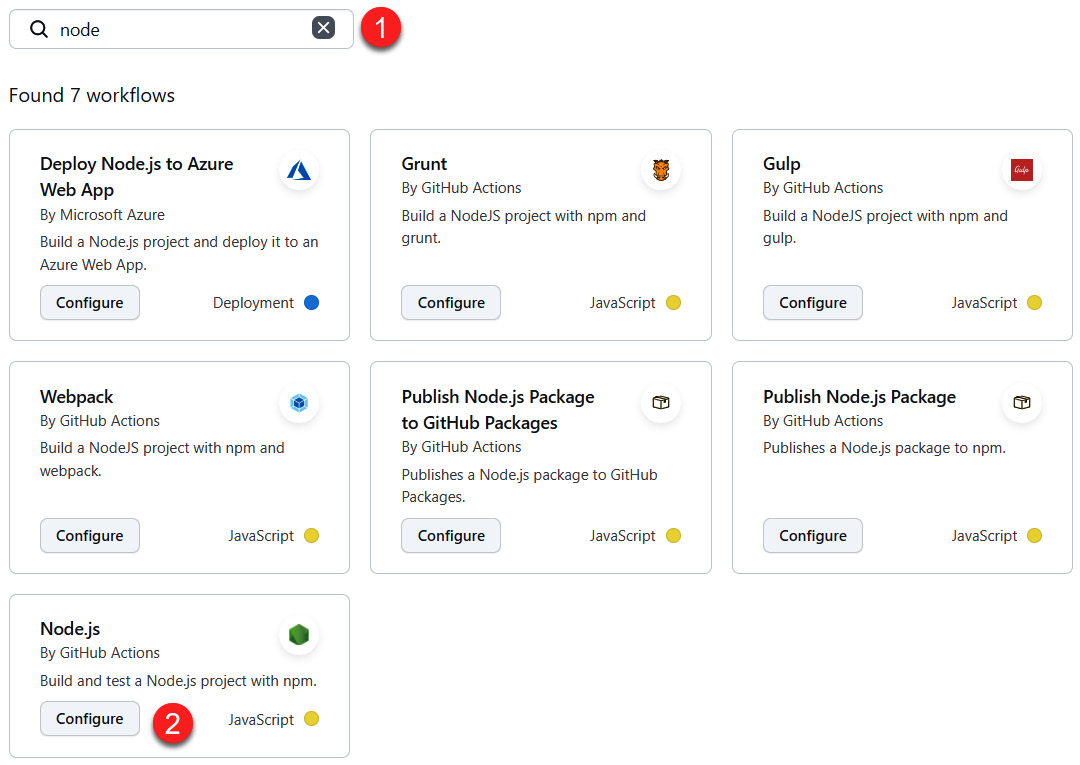 Figure 16.17 – GitHub Actions – selecting the Node.js template