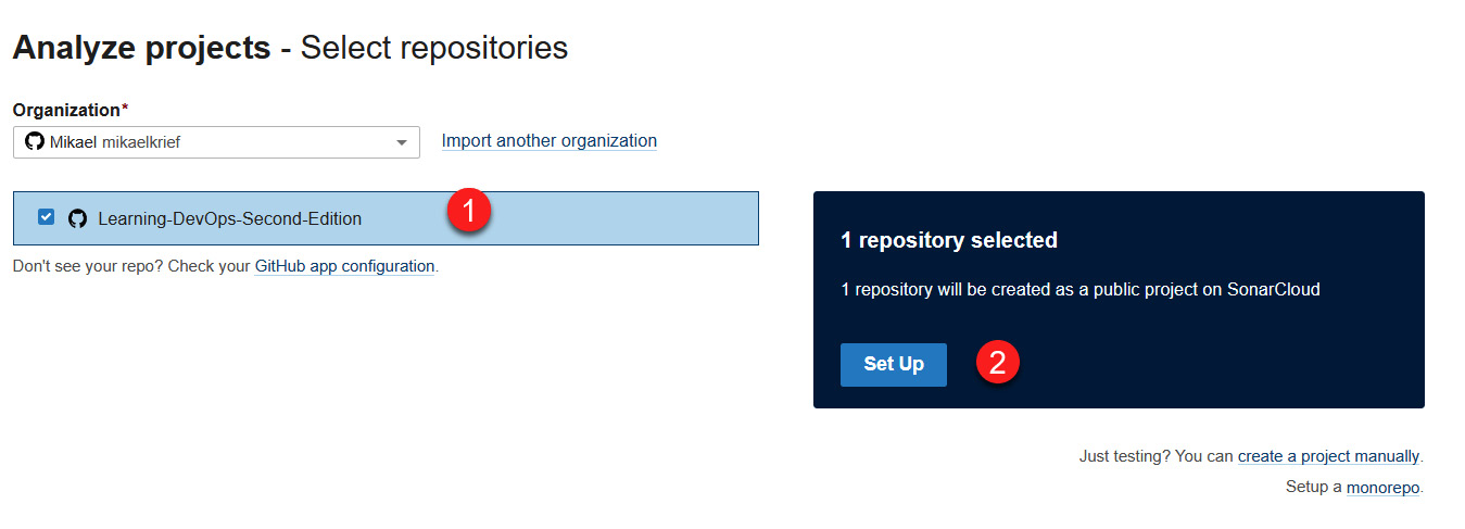 Figure 16.25 – SonarCloud – setting up a repository
