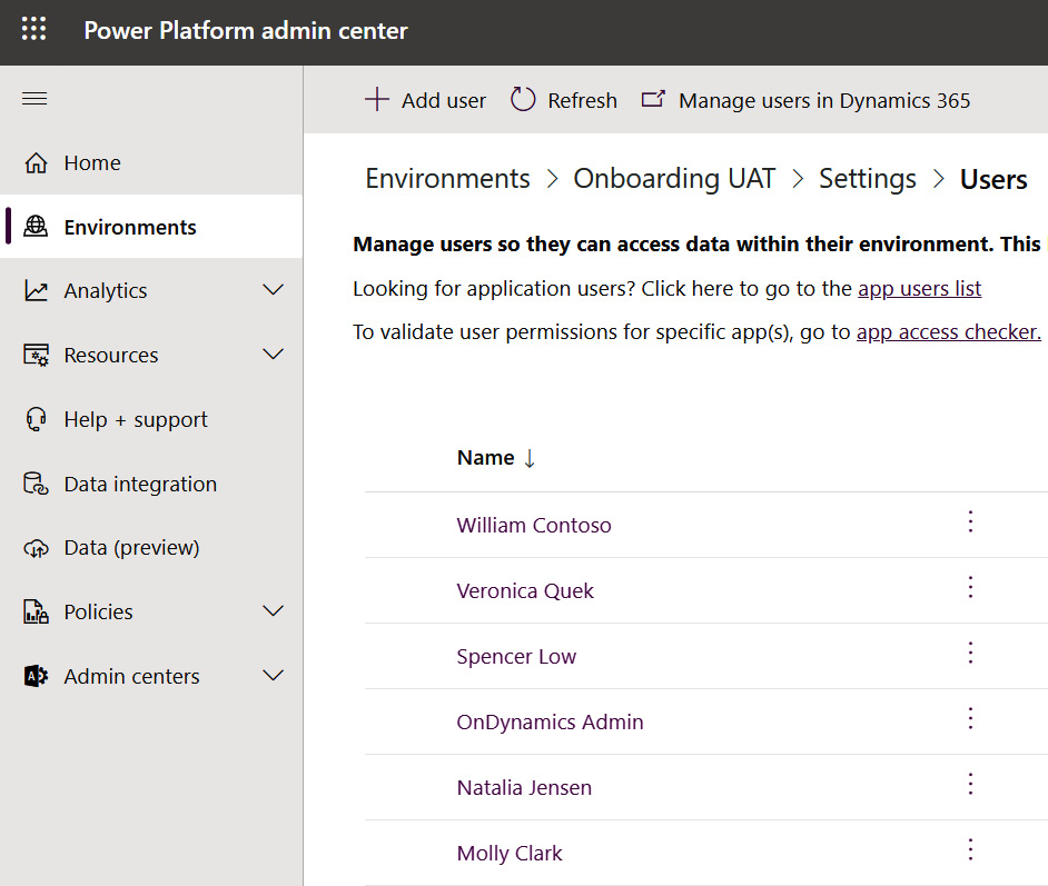 Figure 11.7 – Power Platform admin center page listing active users

