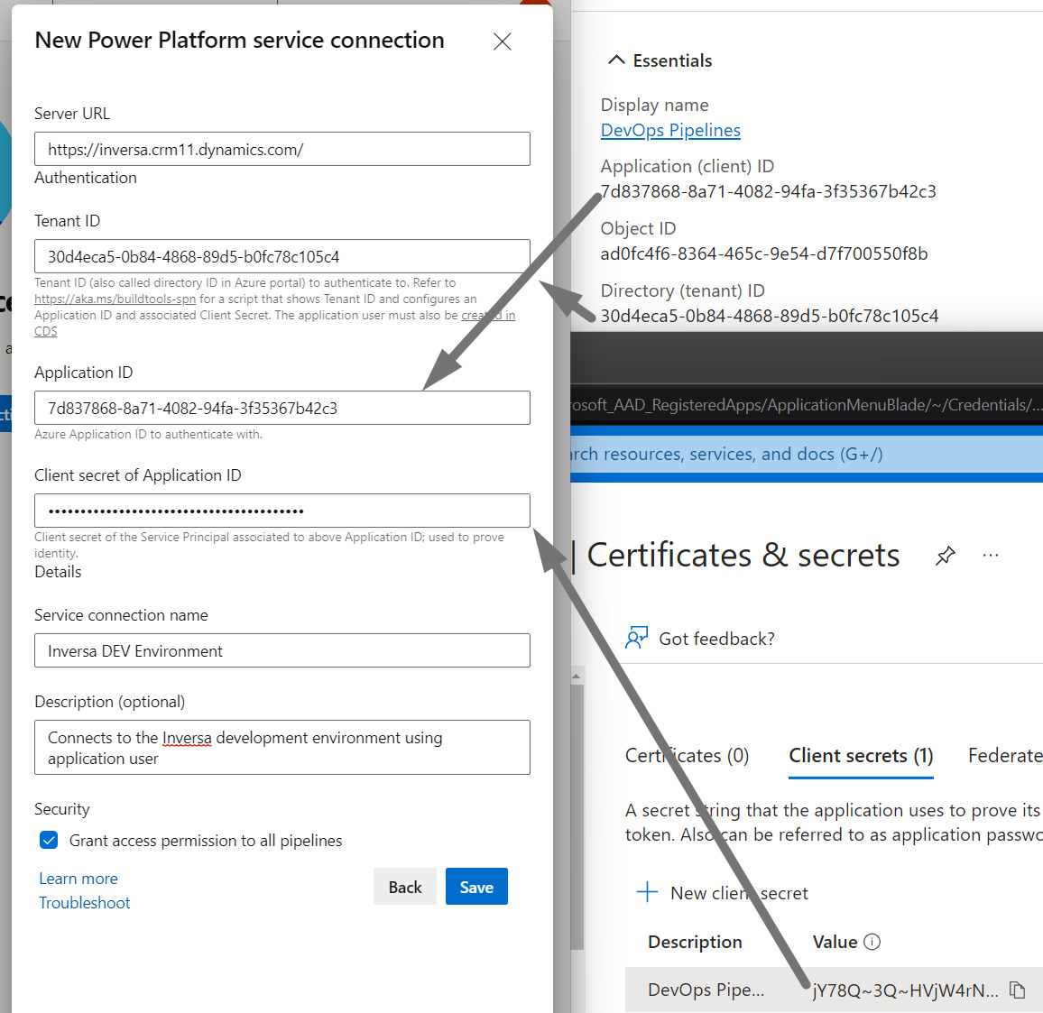 Figure 14.22 – Completing the Azure DevOps power Service connection with the app 
registration details
