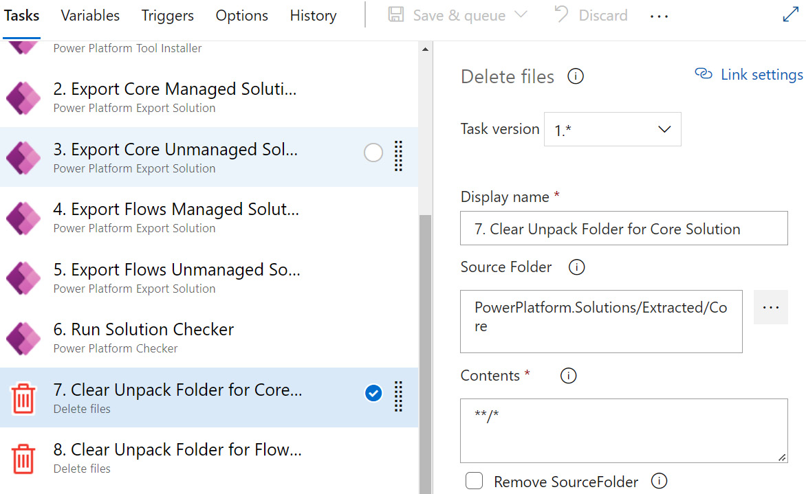 Figure 14.36 – Adding a Delete files action to clear previously checked-in solution components
