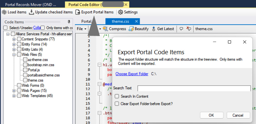 Figure 14.46 – Using the Portal Code Editor plugin to export code items to a folder structure

