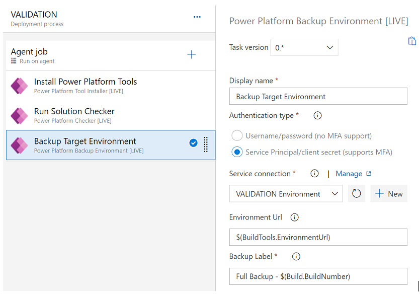 Figure 14.57 – Adding the Power Platform Backup Environment task to the VALIDATION stage
