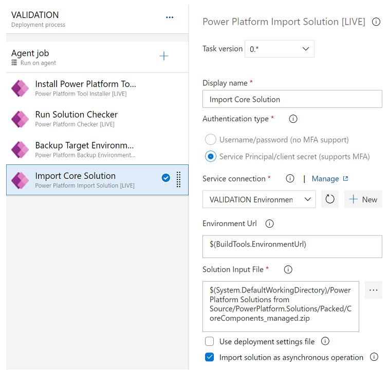 Figure 14.58 – Adding a Power Platform Import Solution task to the VALIDATION stage
