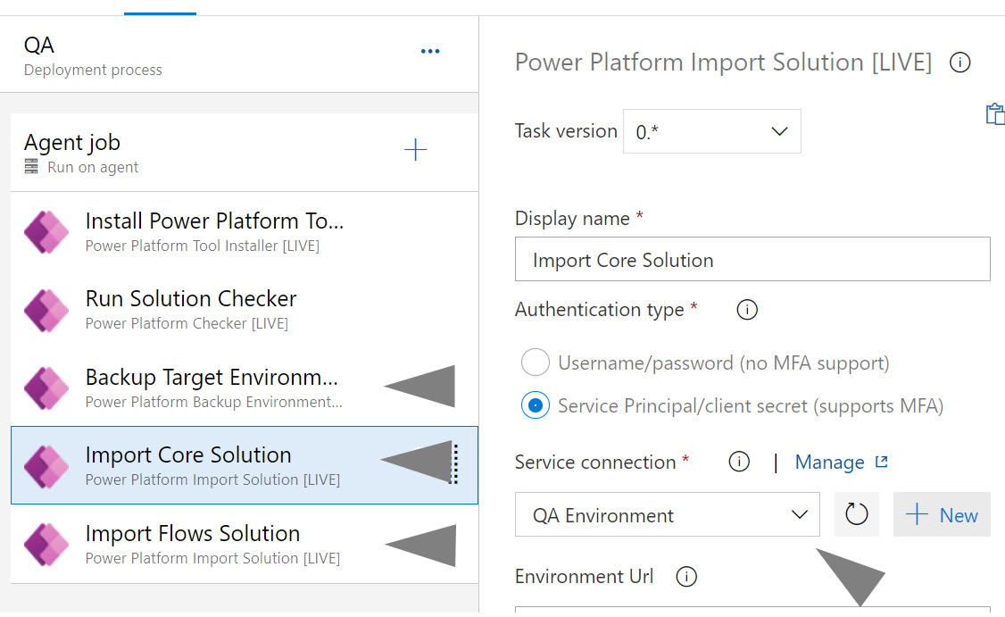 Figure 14.62 – Updating the Power Platform tasks to ensure they point to the QA environment
