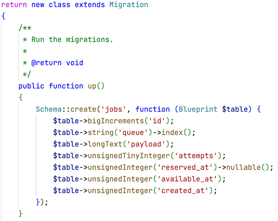 Figure 6.1: The migration file for creating the jobs table