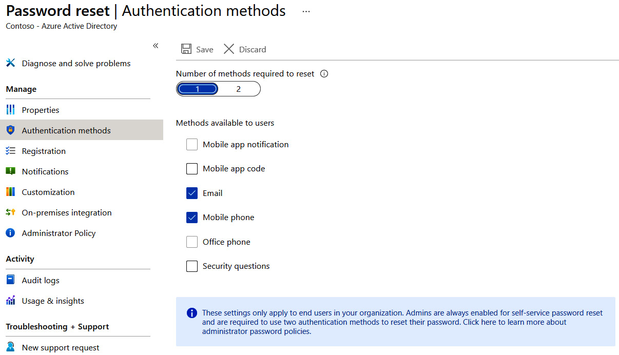 Figure 1.33 – The Azure AD Password reset blade displaying the available 
authentication methods for users
