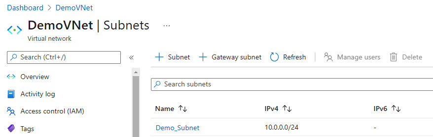 Figure 14.4 – The VNet and subnet showing in the Azure portal

