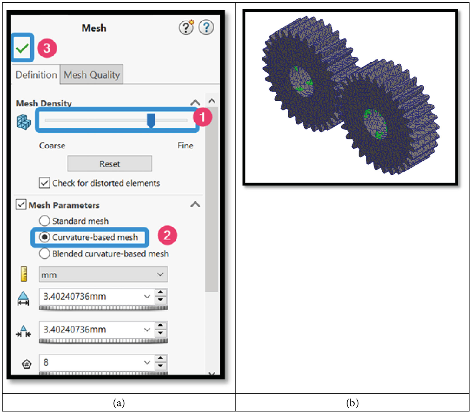 Figure 6.40 – (a) Options to select the curvature-based mesh; (b) the meshed solid gears
