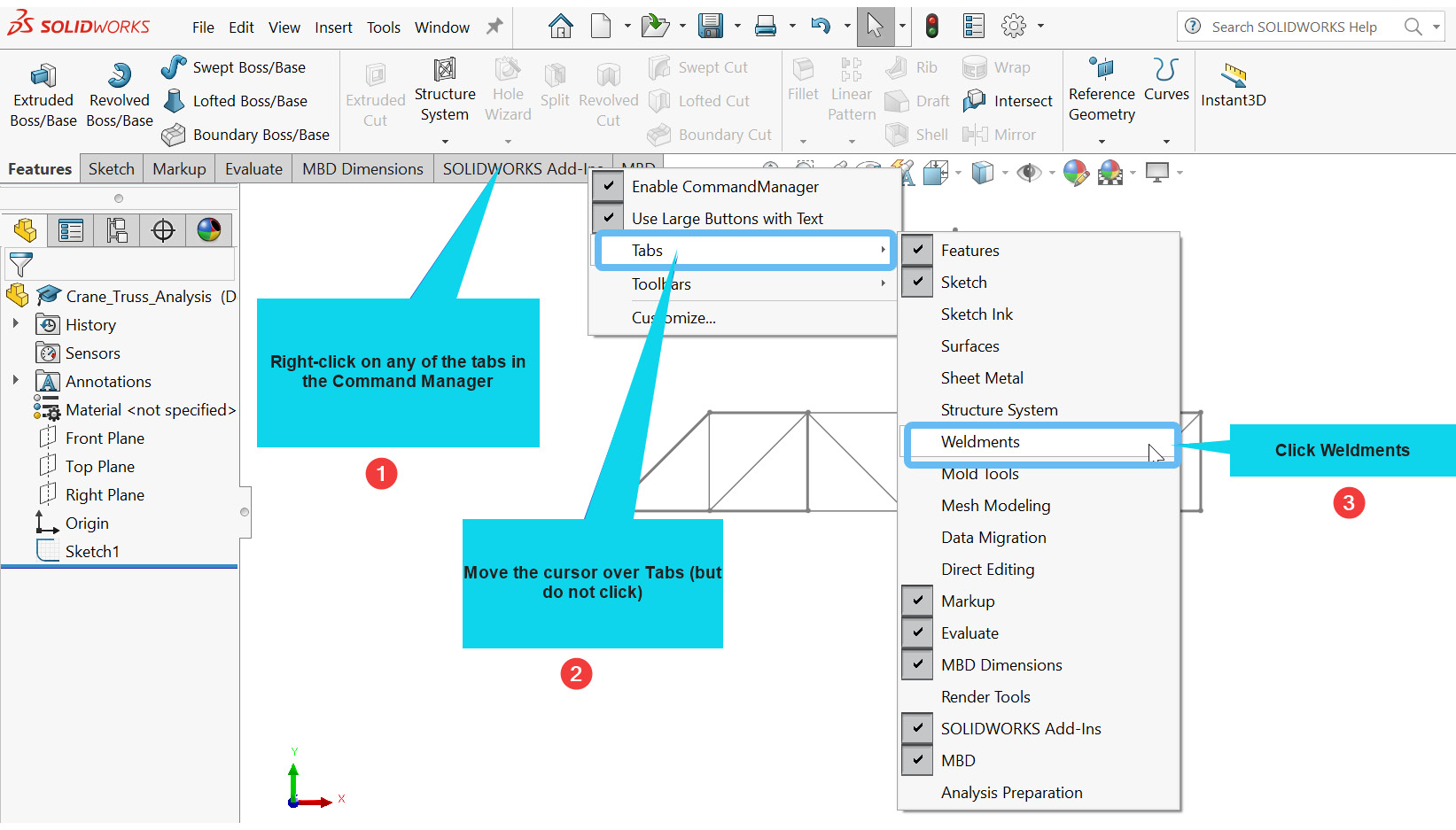 Figure 2.10 – Activating the Weldments tab when it is unavailable under the Command Manager tab 
