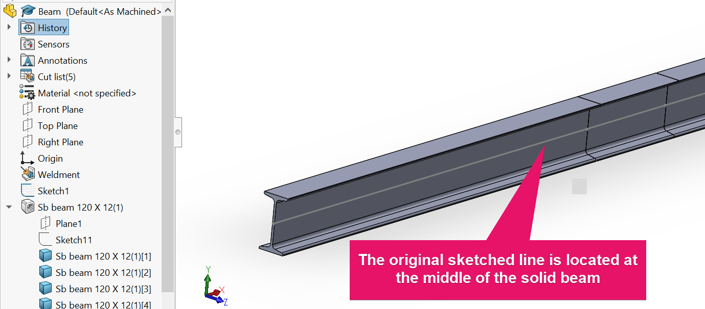 Figure 3.13 – A partial view of the solid beam formed using the Weldment tool
