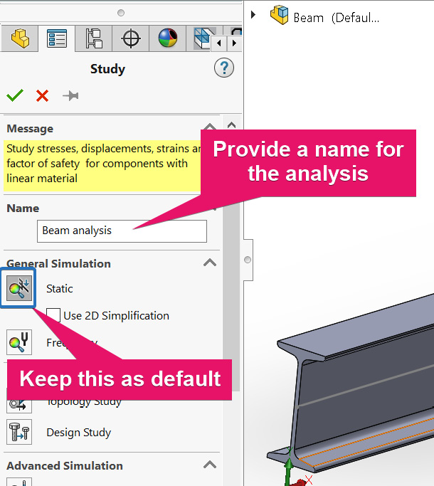 Figure 3.16 – Specifying options for Study PropertyManager
