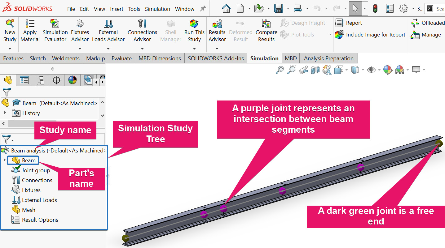 Figure 3.17 – Simulation Study PropertyManager and beam joints
