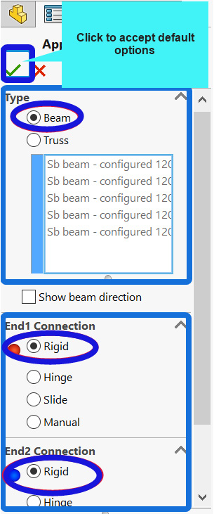 Figure 3.21 – Confirming the beam element selection
