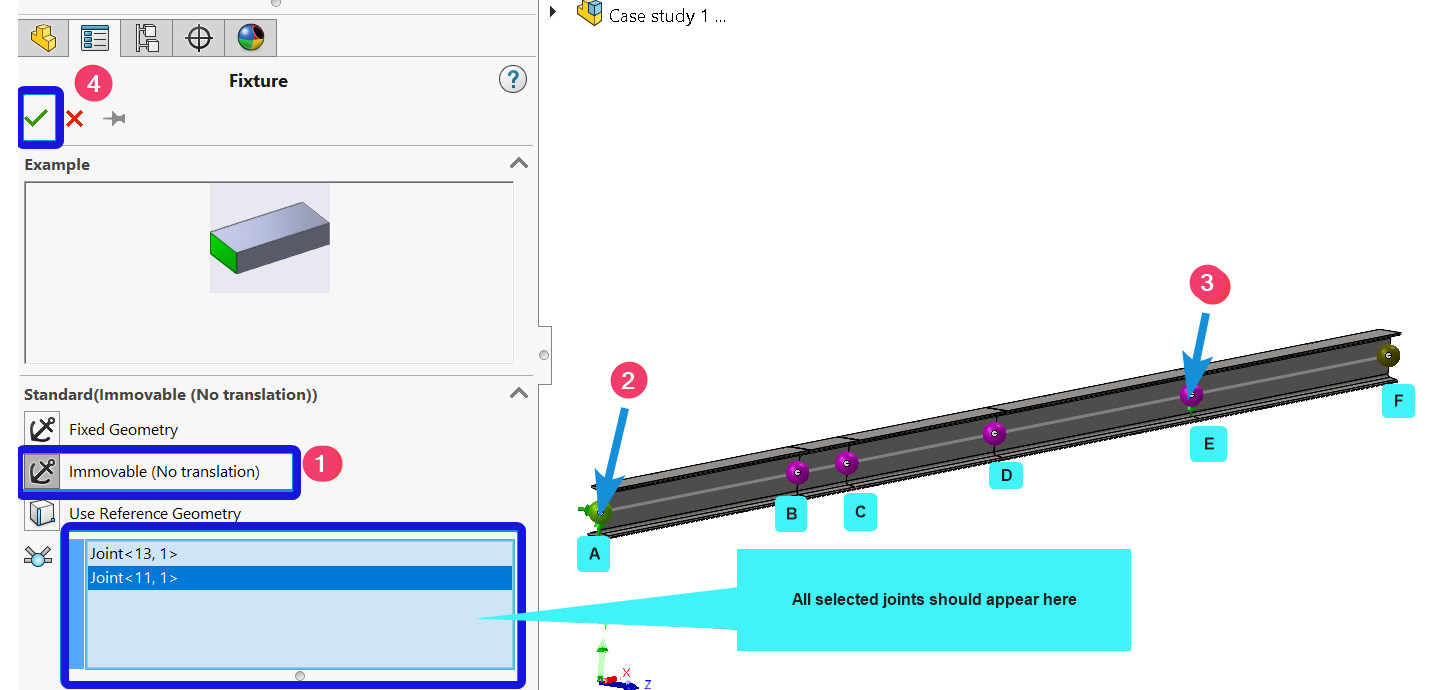 Figure 3.23 – Selecting the immovable fixture for joints A and E
