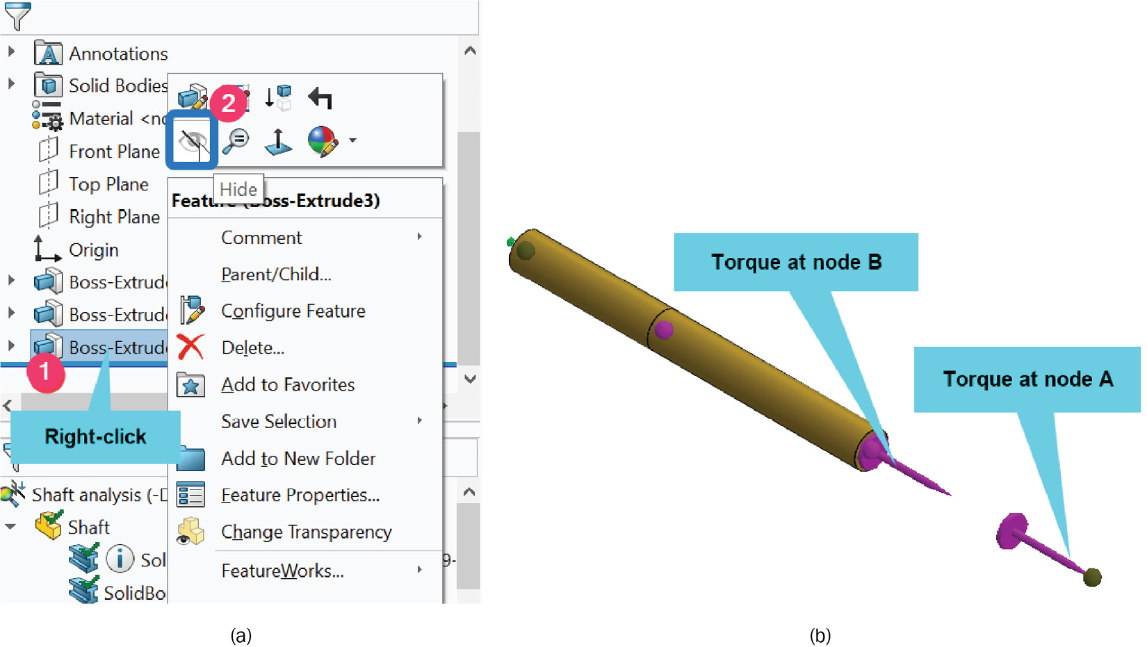 Figure 4.35 – (a) Options to hide segment BA; (b) exposing the torque symbol at joints B and A
