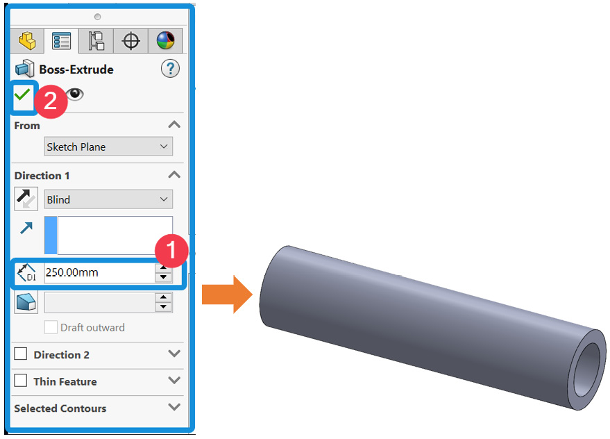 Figure 4.6 – An extruded segment of length 250 mm
