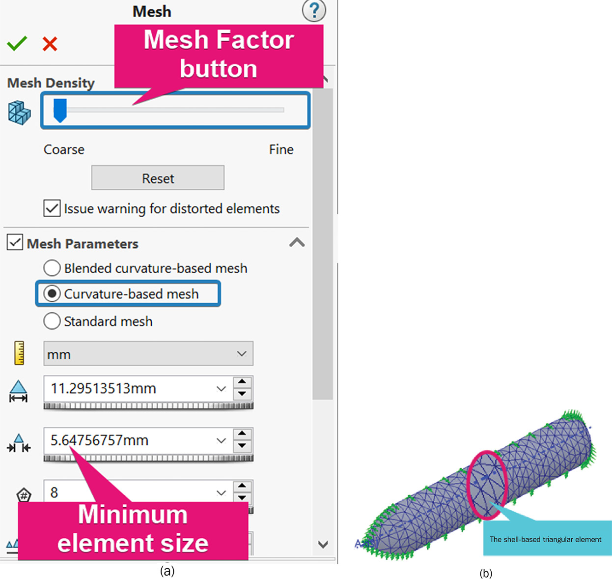 Figure 5.28 – (a) Options to create a coarse mesh; (b) The meshed surface body
