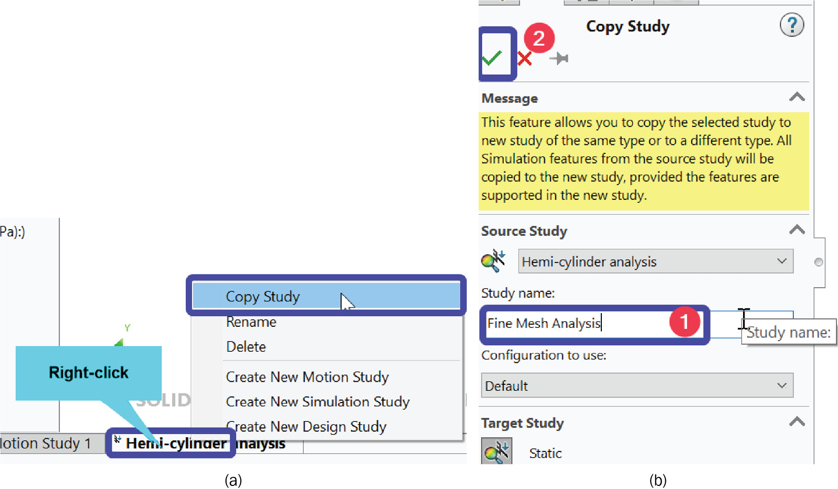 Figure 5-37 – (a) Duplicating the completed study; (b) Copy Study options
