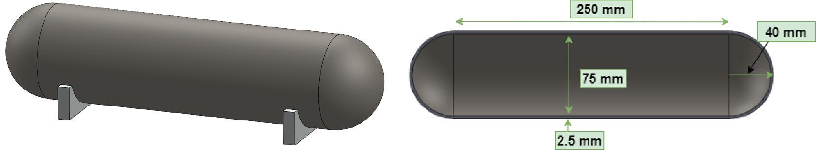 Figure 5.4 – A thin-walled pressure vessel with an internal pressure of 7 MPa
