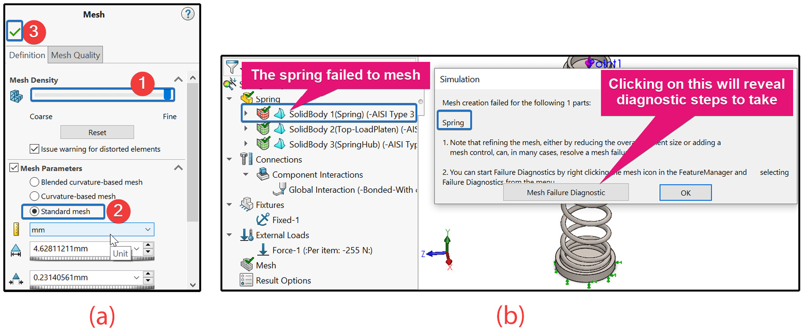 Figure 6.23 – (a) Options to create a fine standard mesh; (b) evidence of mesh failure
