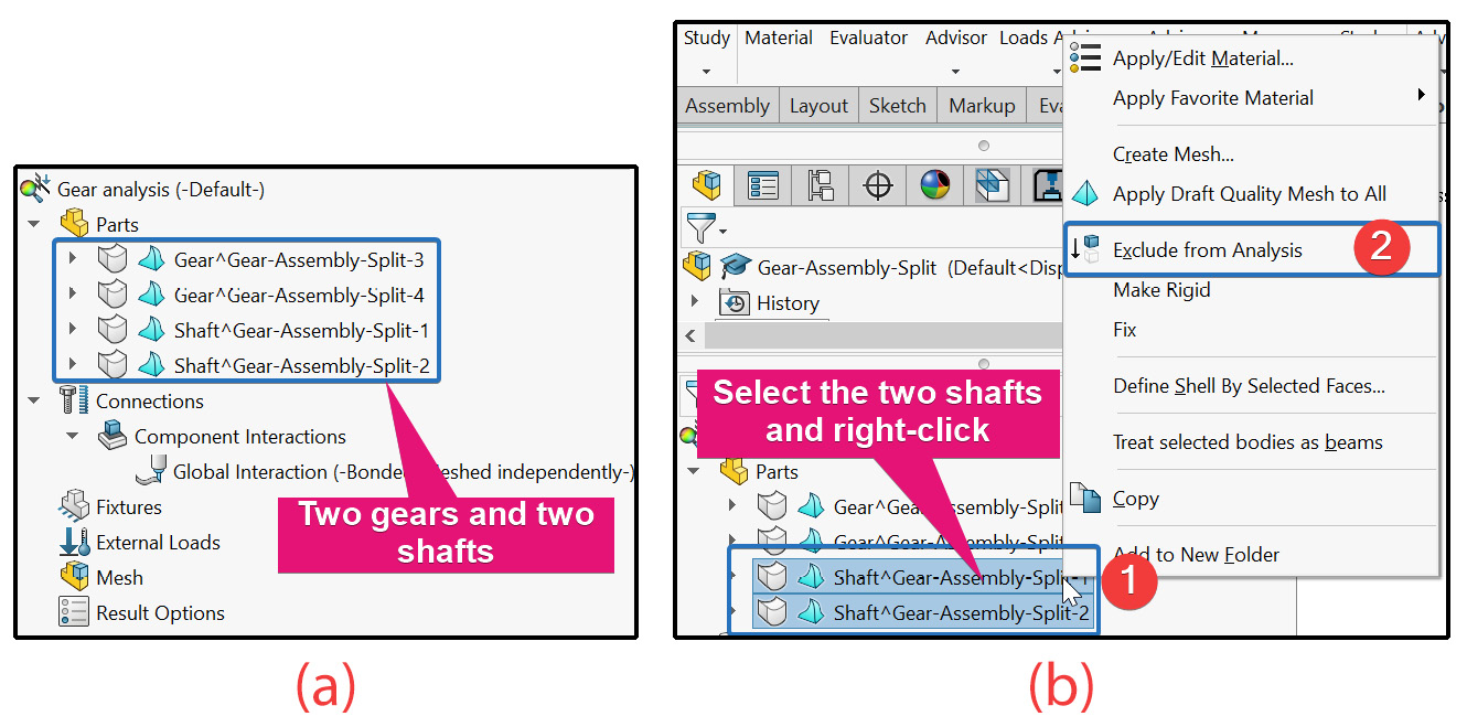 Figure 6.34 – (a) Four bodies in the assembly; (b) excluding the shafts from the analysis
