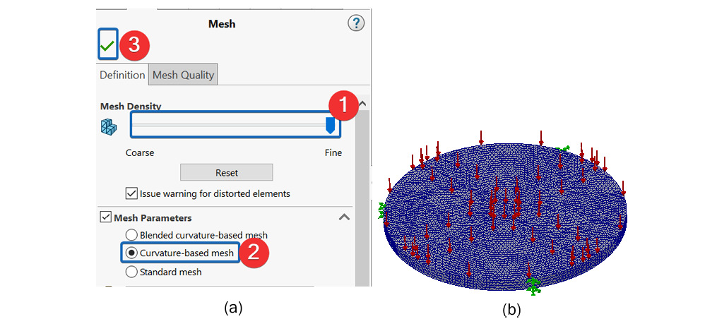 Figure 9.17 – (a) Creating a curvature-based meshing and (b) the meshed body
