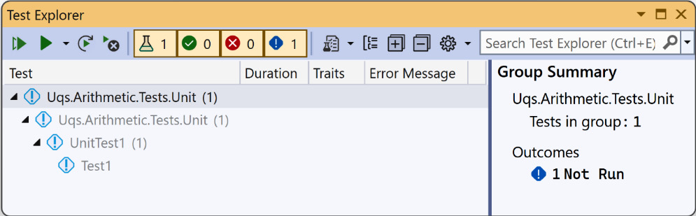 Figure 1.11 – Test Explorer showing unexecuted tests

