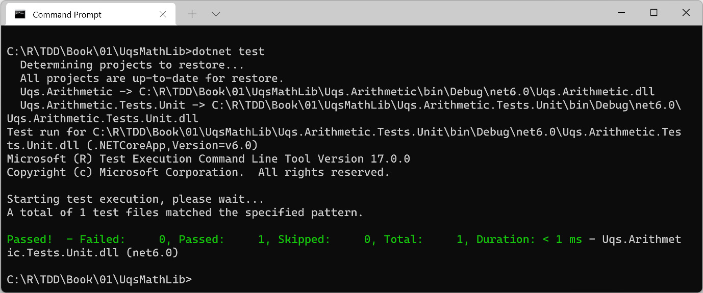 Figure 1.13 – .NET Test command discovering and executing tests

