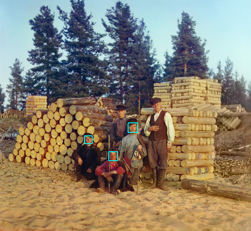 Figure 5.1: Face detection results of a photograph of woodcutters (Image credit: Prokudin-Gorsky)